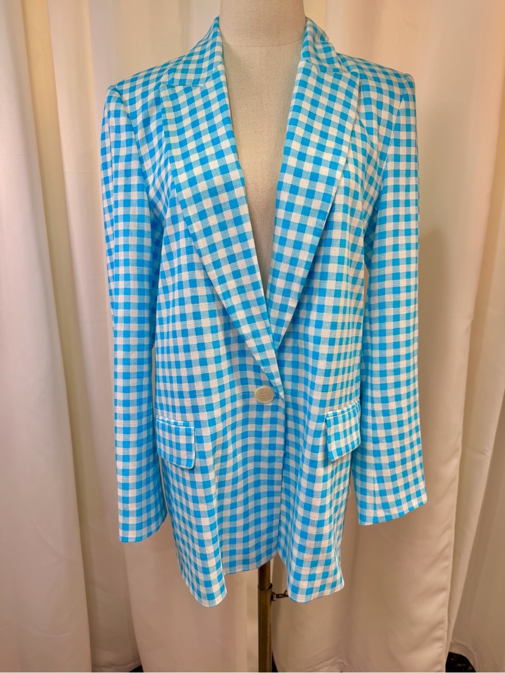 Zara “Sky Blue & White Gingham Check” Single Button Padded Shoulder Blazer Sz M